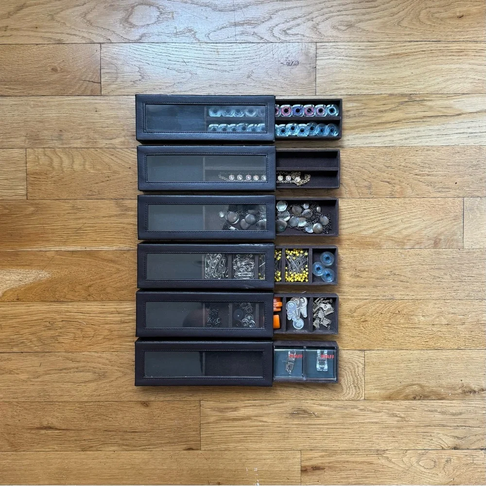 brown The Container Store faux leather organizers (set of 6)